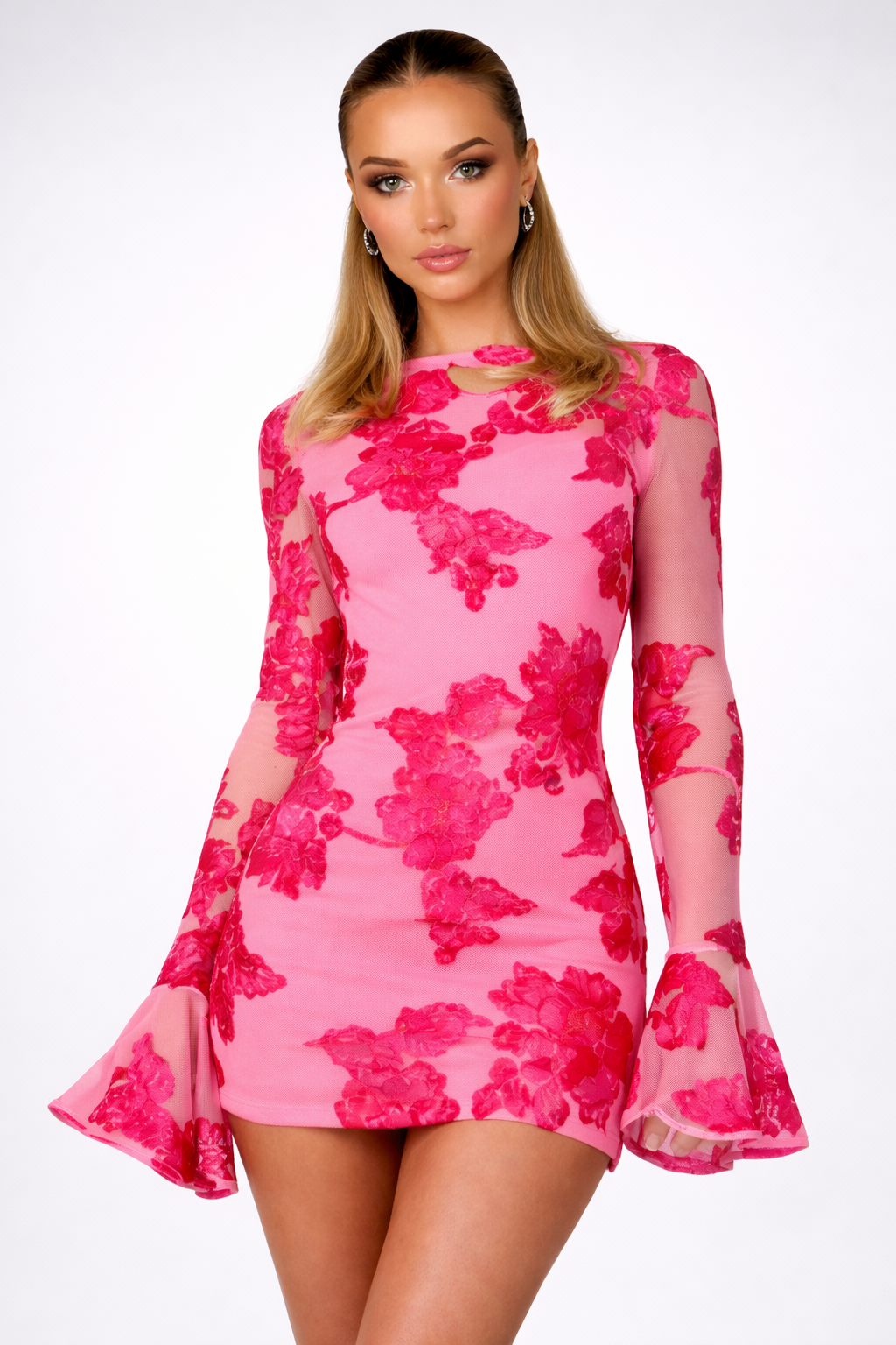 NOVA | Women’s Floral Bodycon Mini Dress – Long Sleeve Flared Sleeve Dress, Wedding Guest & Party Dress