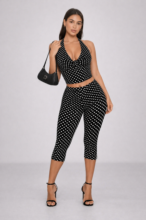 NOVA | Capri Set Polka Dot Halter Top & Matching Capri Trousers – Black and White Two Piece Outfit