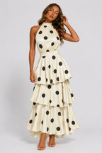 NOVA | Women's Cream Polka Dot Halter Neck Tiered Maxi Dress | Elegant Wedding Guest Occasion Dress