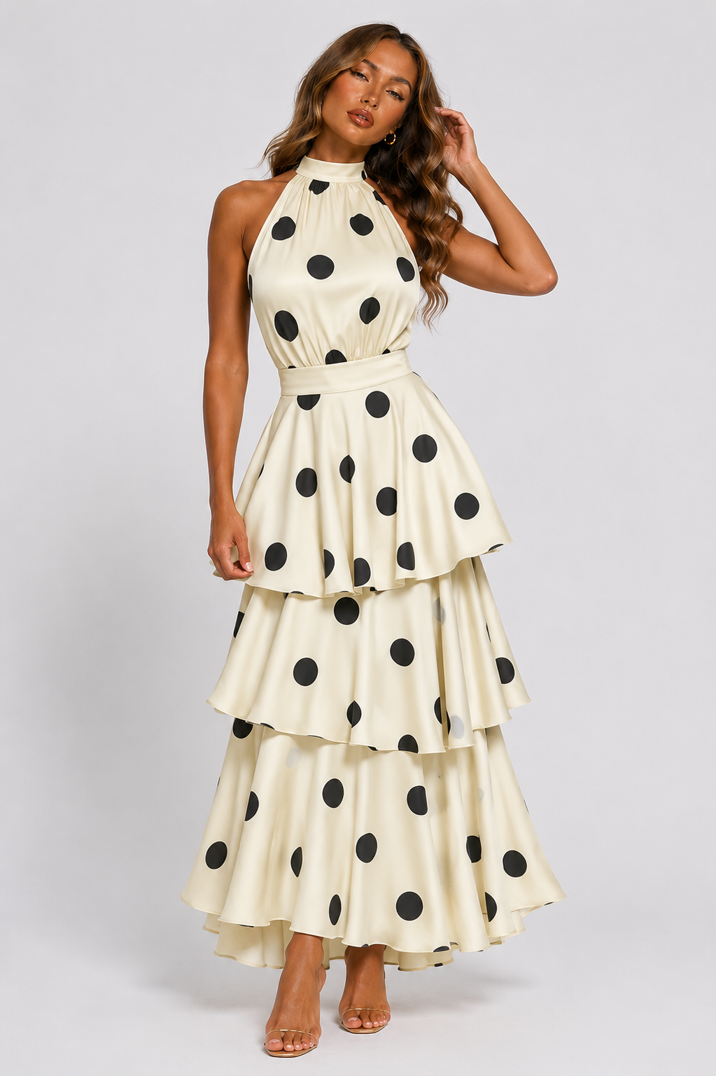 NOVA | Women's Cream Polka Dot Halter Neck Tiered Maxi Dress | Elegant Wedding Guest Occasion Dress