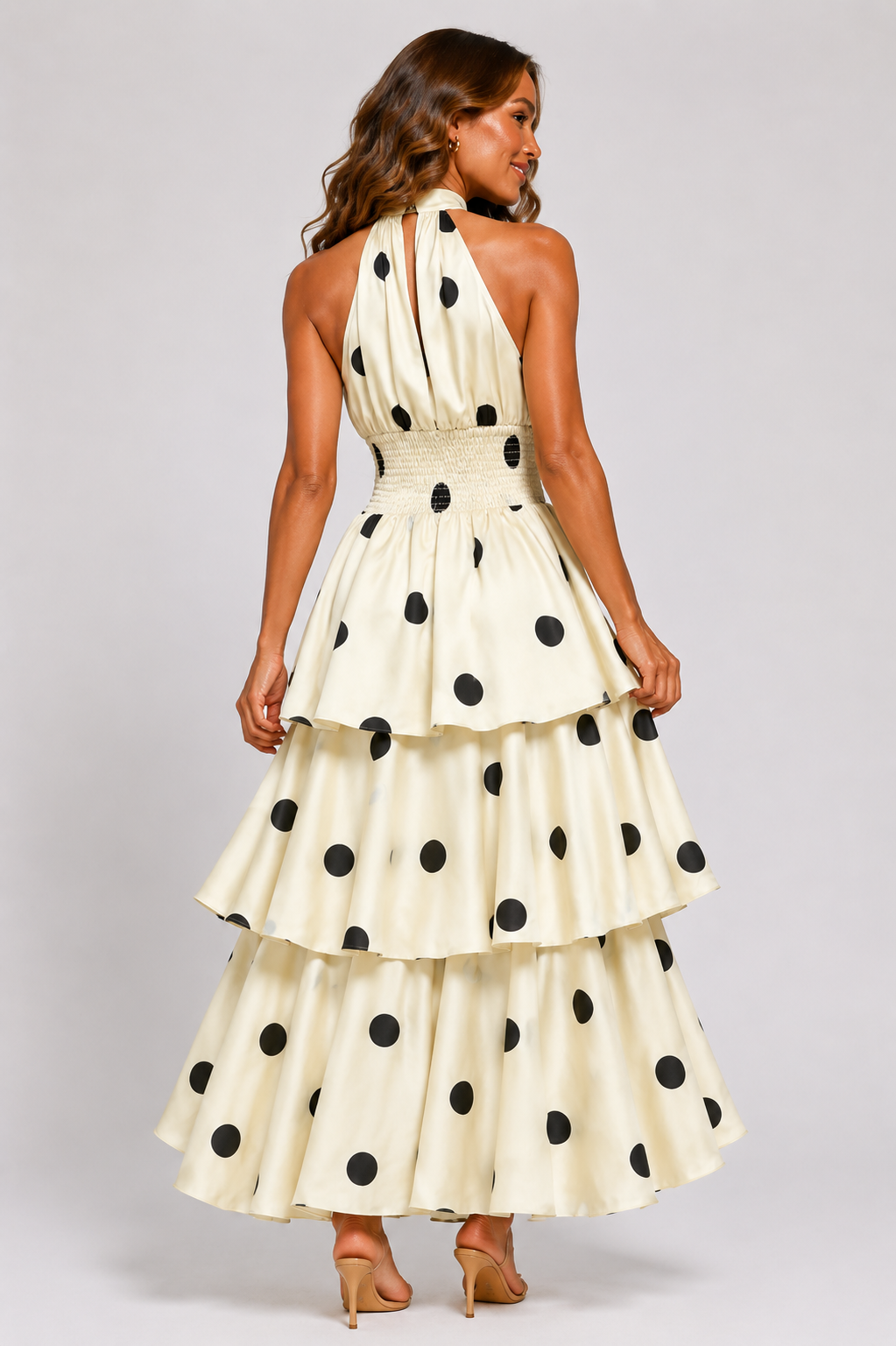 NOVA | Women's Cream Polka Dot Halter Neck Tiered Maxi Dress | Elegant Wedding Guest Occasion Dress