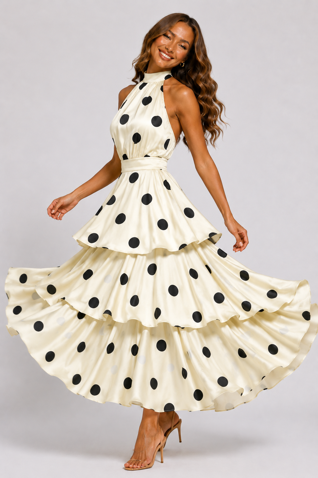 NOVA | Women's Cream Polka Dot Halter Neck Tiered Maxi Dress | Elegant Wedding Guest Occasion Dress