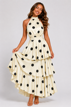 NOVA | Women's Cream Polka Dot Halter Neck Tiered Maxi Dress | Elegant Wedding Guest Occasion Dress