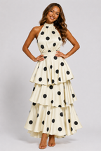NOVA | Women's Cream Polka Dot Halter Neck Tiered Maxi Dress | Elegant Wedding Guest Occasion Dress