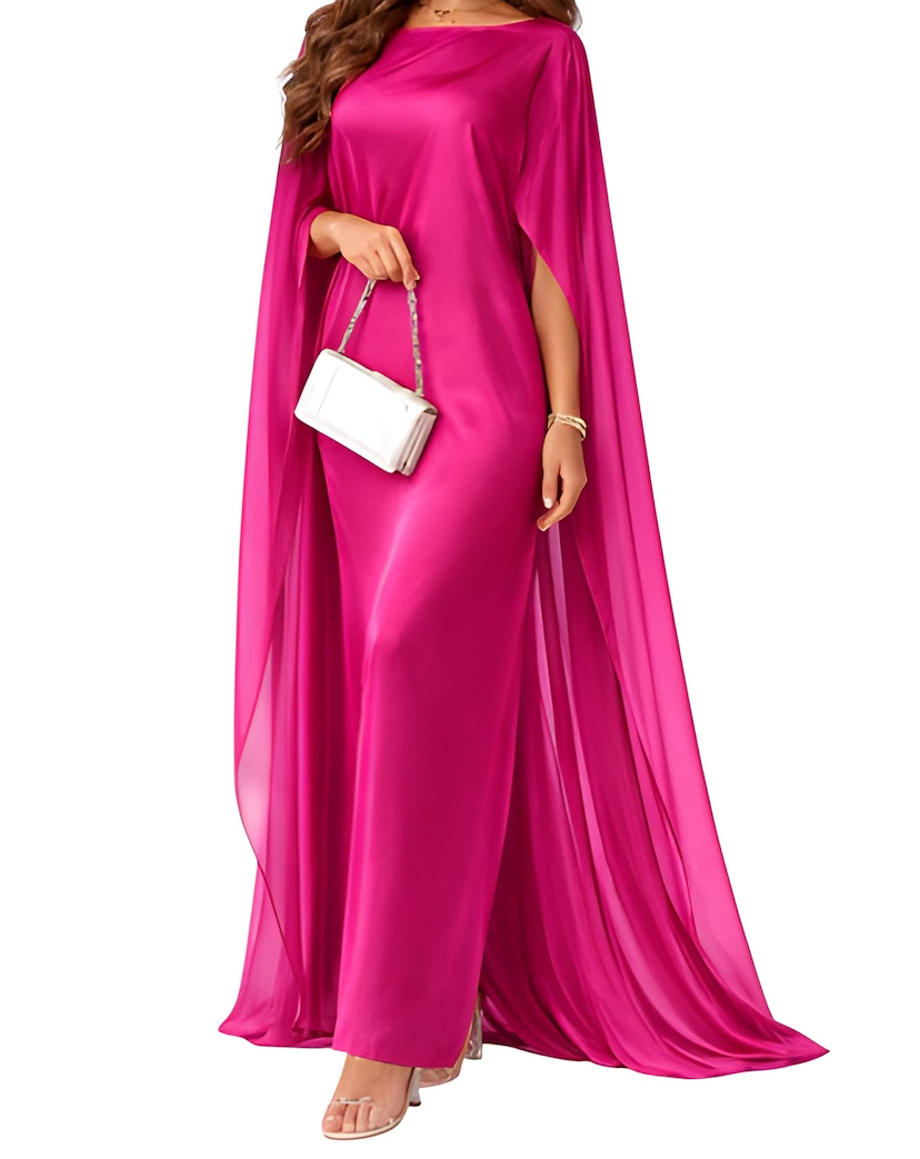 NOVA | Women's Satin Blend Maxi Dress | Luxury Evening Gown with Cape Sleeves & Flowing Silhouette