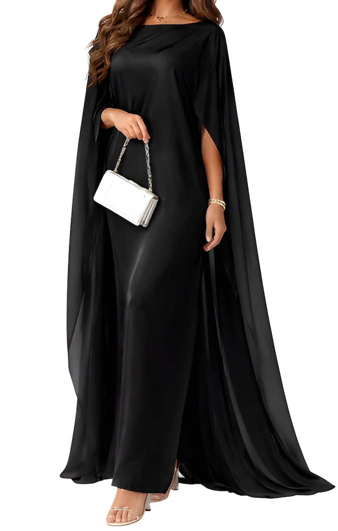 NOVA | Women's Satin Blend Maxi Dress | Luxury Evening Gown with Cape Sleeves & Flowing Silhouette