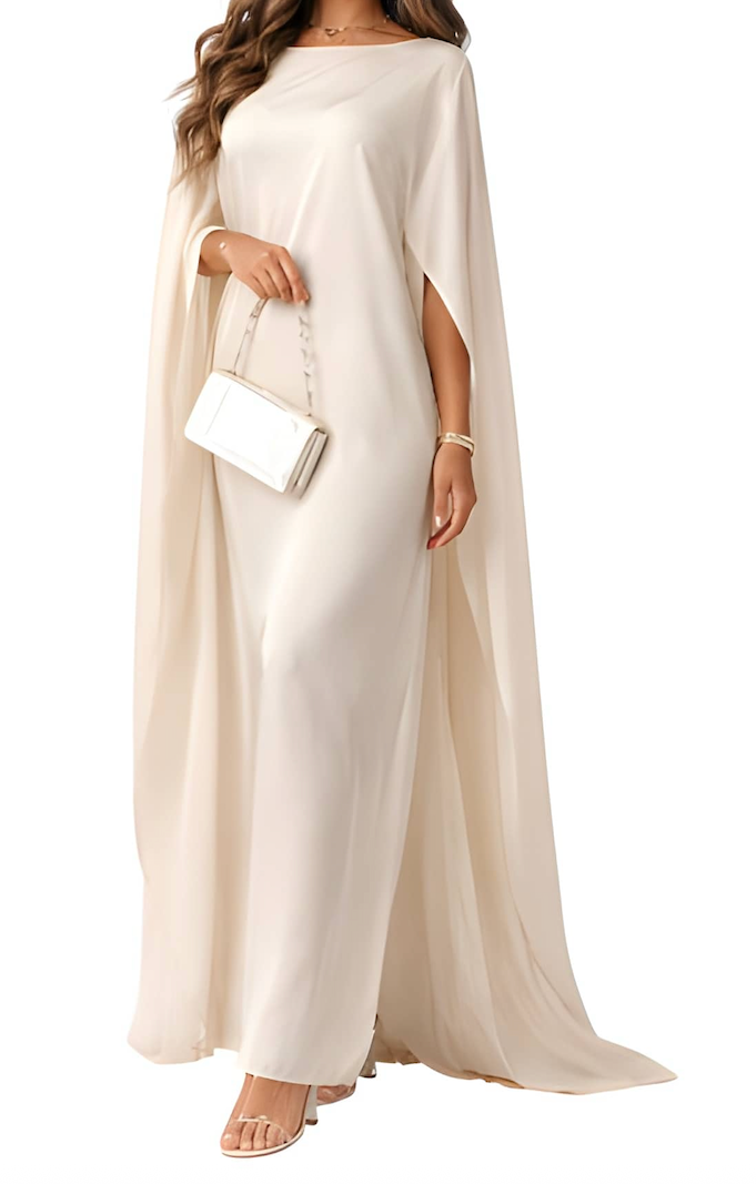 NOVA | Women's Satin Blend Maxi Dress | Luxury Evening Gown with Cape Sleeves & Flowing Silhouette