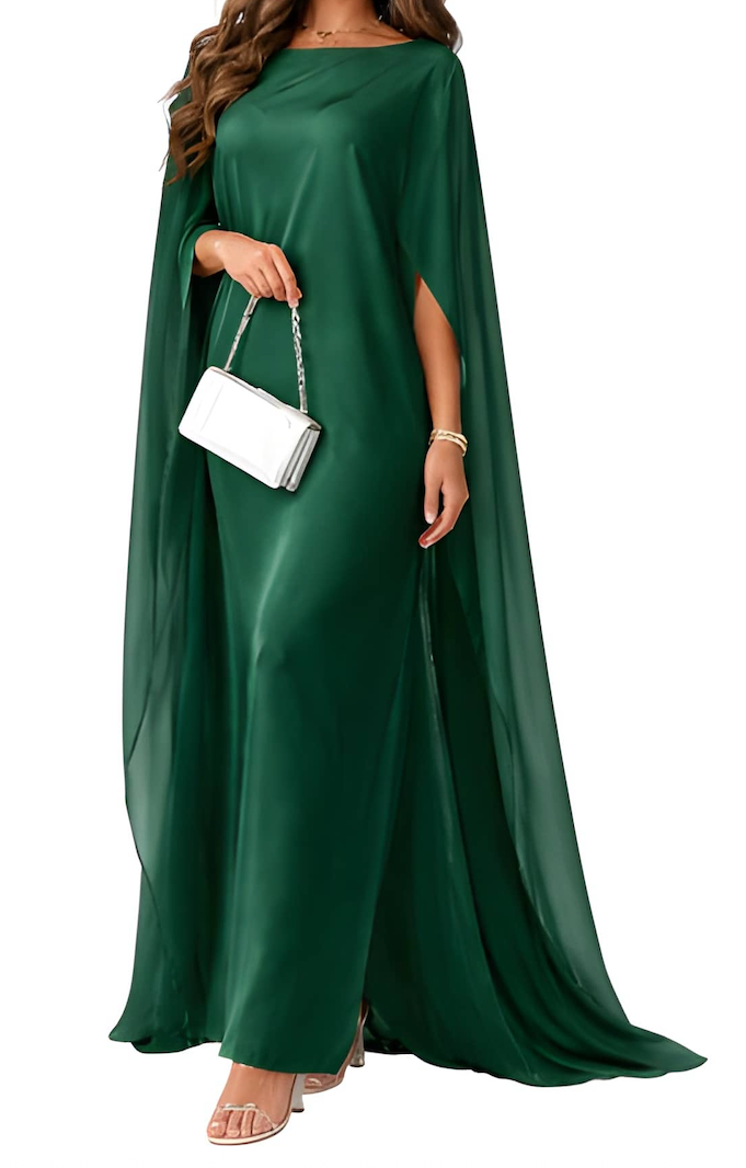 NOVA | Women's Satin Blend Maxi Dress | Luxury Evening Gown with Cape Sleeves & Flowing Silhouette