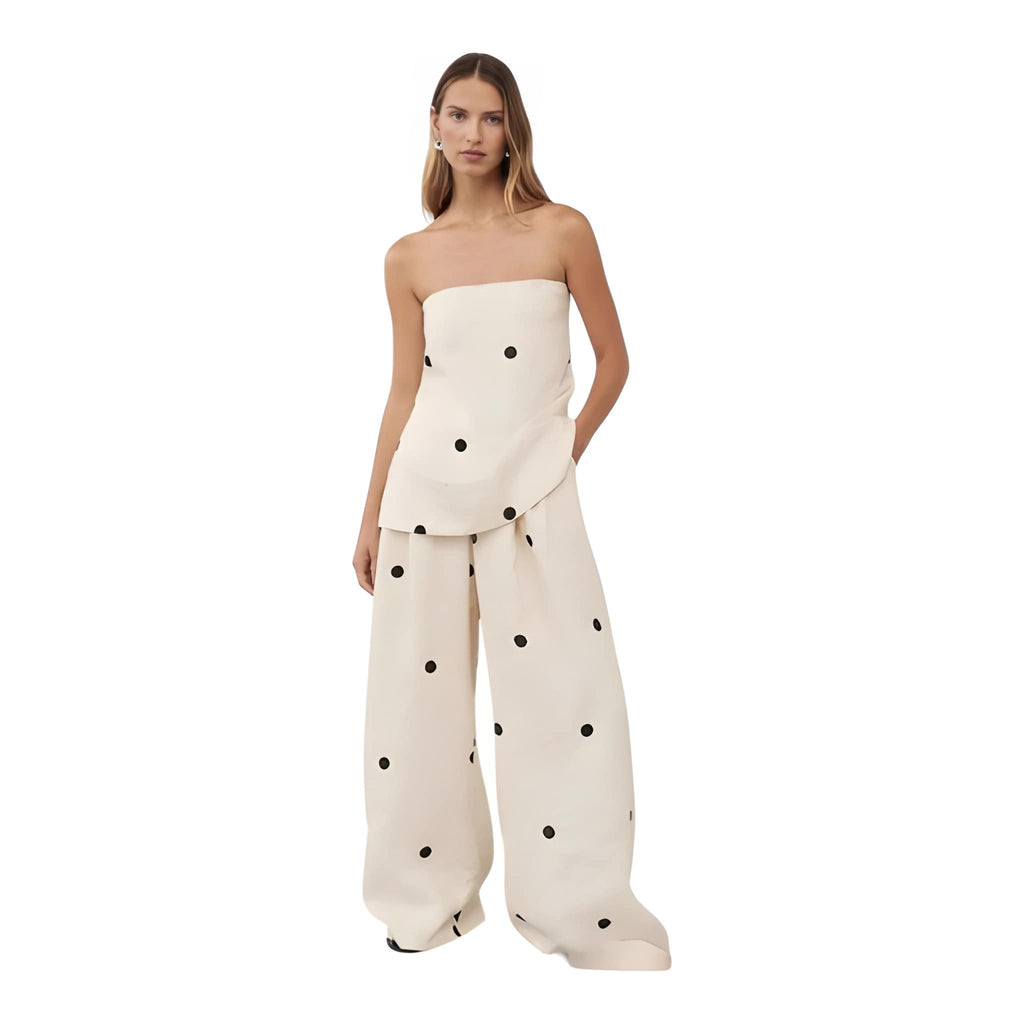 NOVA | Ensemble deux pièces pantalon en lin à pois pour femmes – Top bandeau et pantalon large crème et noir
