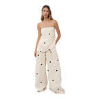 NOVA | Ensemble deux pièces pantalon en lin à pois pour femmes – Top bandeau et pantalon large crème et noir
