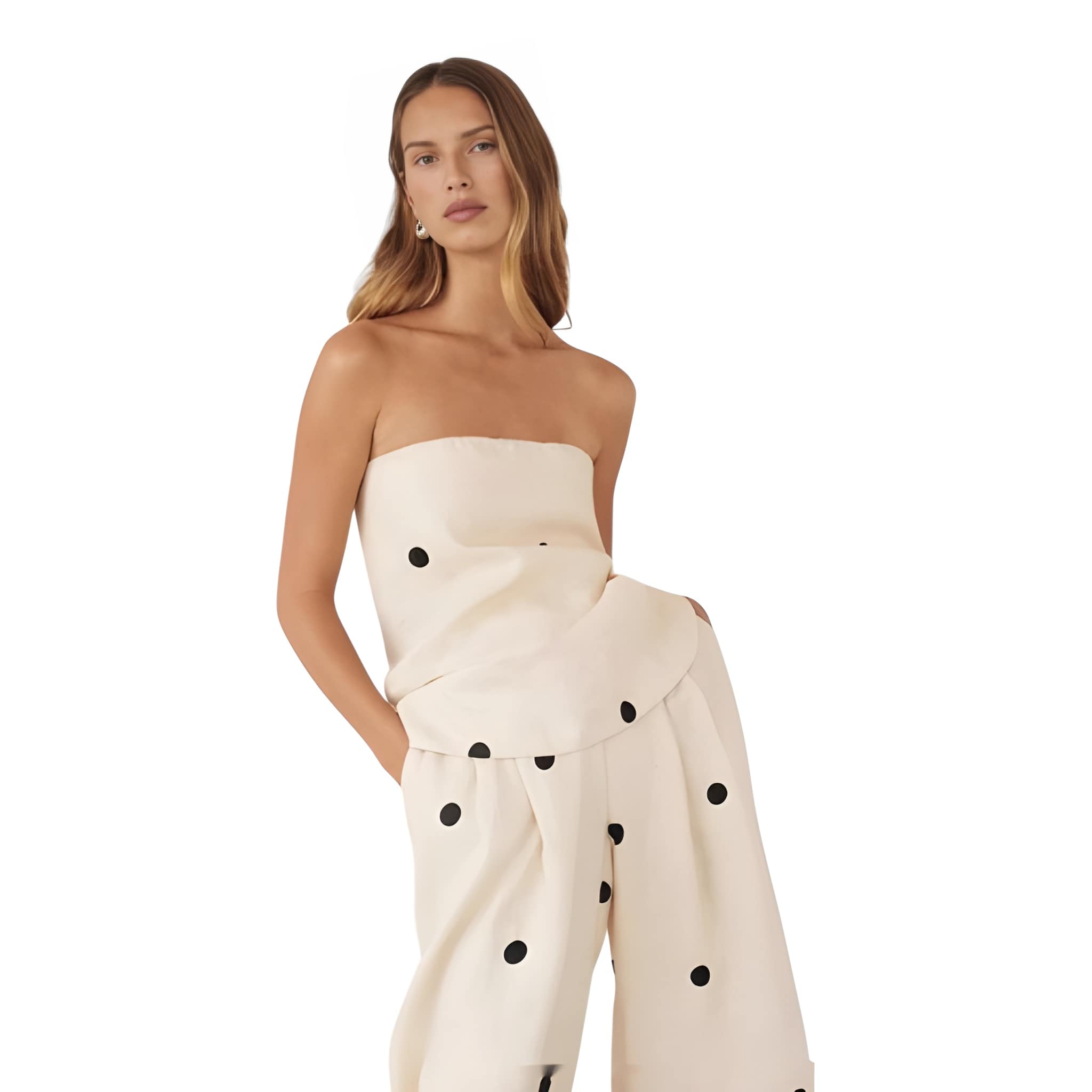 NOVA | Ensemble deux pièces pantalon en lin à pois pour femmes – Top bandeau et pantalon large crème et noir