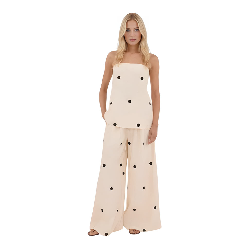 NOVA | Ensemble deux pièces pantalon en lin à pois pour femmes – Top bandeau et pantalon large crème et noir