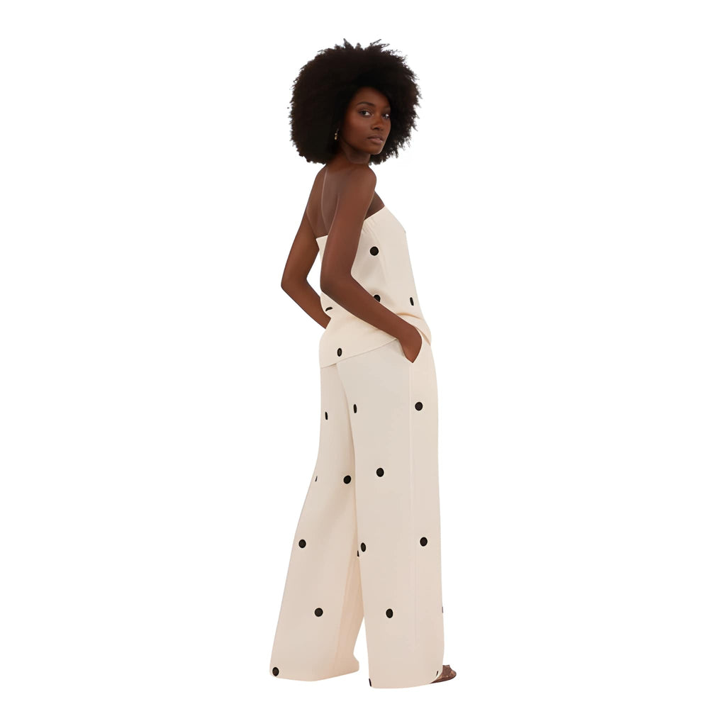 NOVA | Ensemble deux pièces pantalon en lin à pois pour femmes – Top bandeau et pantalon large crème et noir
