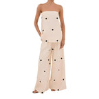 NOVA | Ensemble deux pièces pantalon en lin à pois pour femmes – Top bandeau et pantalon large crème et noir