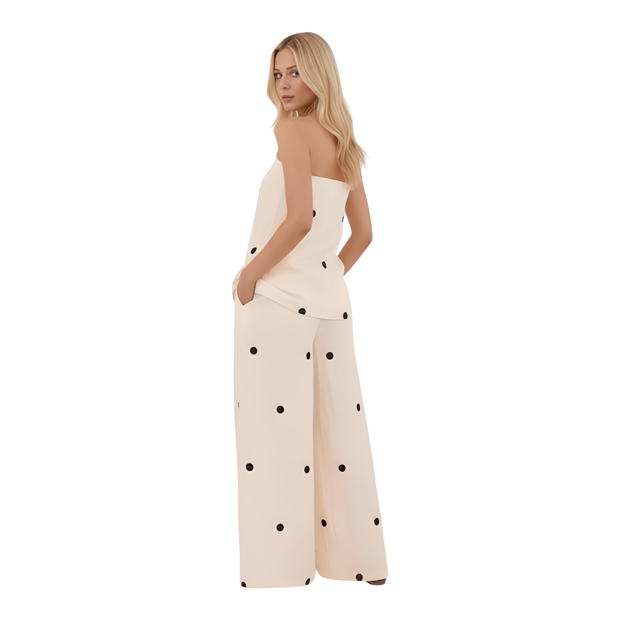 NOVA | Ensemble deux pièces pantalon en lin à pois pour femmes – Top bandeau et pantalon large crème et noir