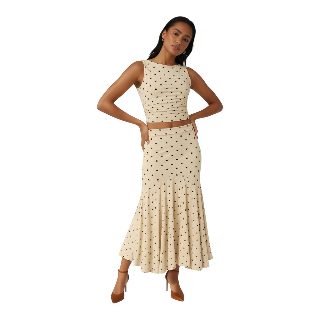 NOVA | Two Piece Co-Ord Polka Dot Ruched Maxi Skirt Set – Sleeveless Crop Top & Maxi Skirt Women