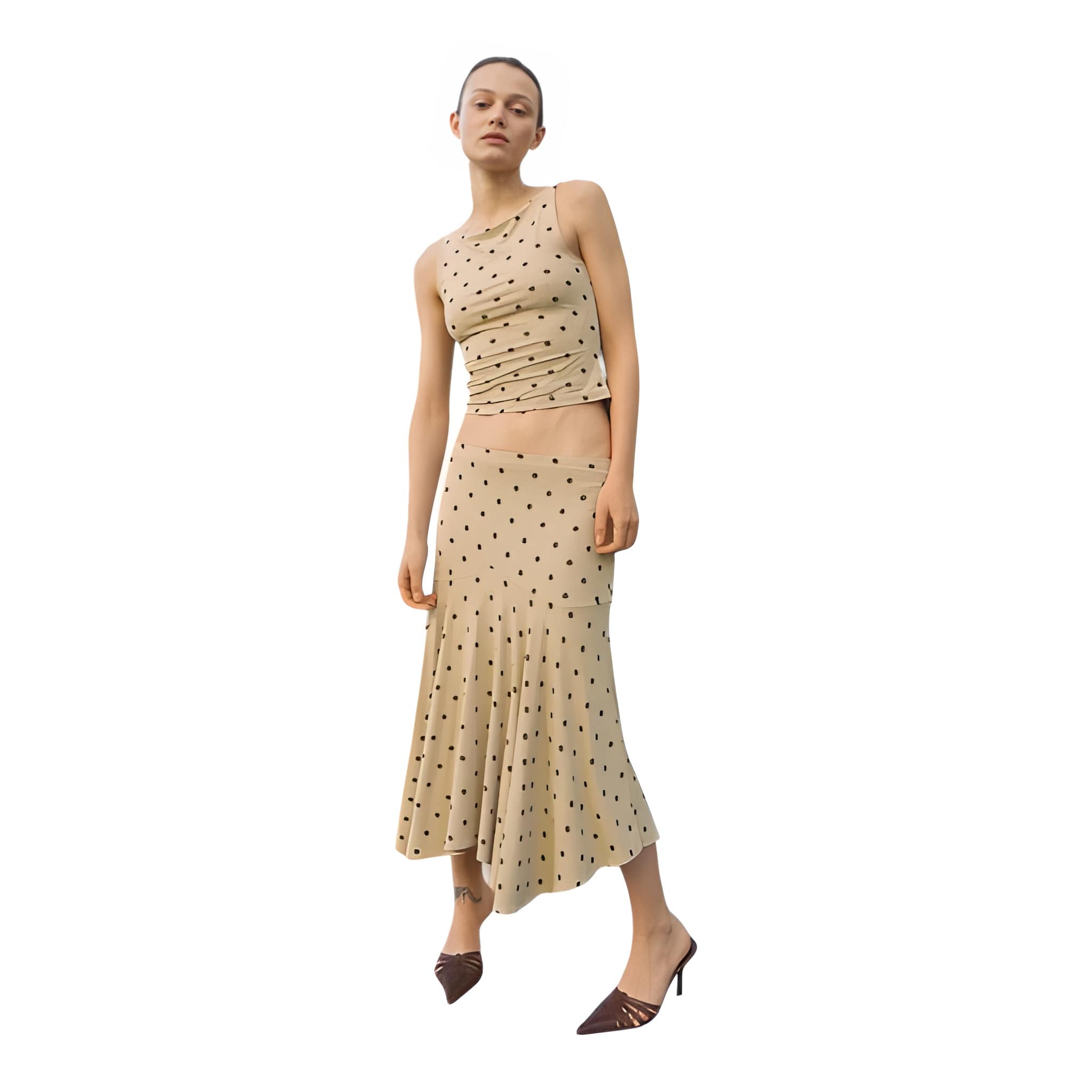 NOVA | Two Piece Co-Ord Polka Dot Ruched Maxi Skirt Set – Sleeveless Crop Top & Maxi Skirt Women