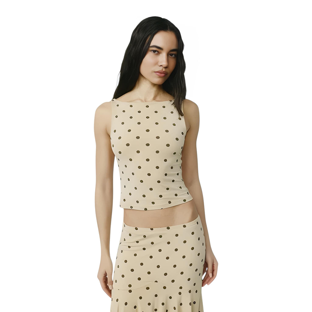 NOVA | Two Piece Co-Ord Polka Dot Ruched Maxi Skirt Set – Sleeveless Crop Top & Maxi Skirt Women