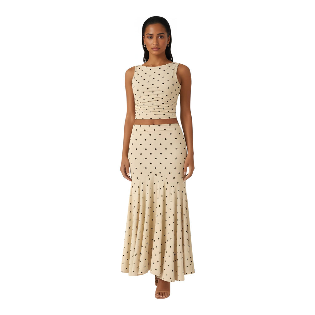 NOVA | Two Piece Co-Ord Polka Dot Ruched Maxi Skirt Set – Sleeveless Crop Top & Maxi Skirt Women