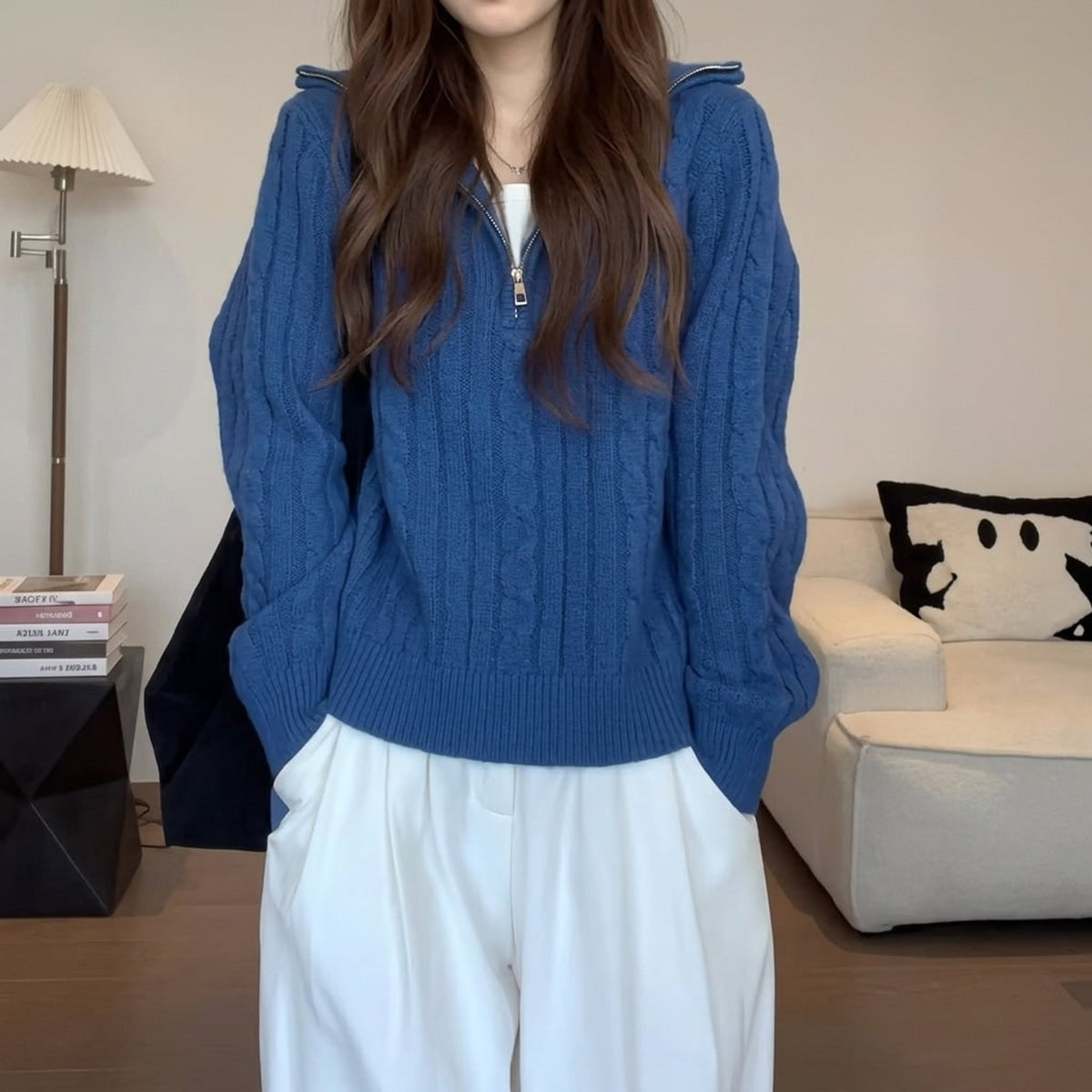 Quarter-Zip Knits with Cable Pattern Pullover and Knitted Texture - Image 1