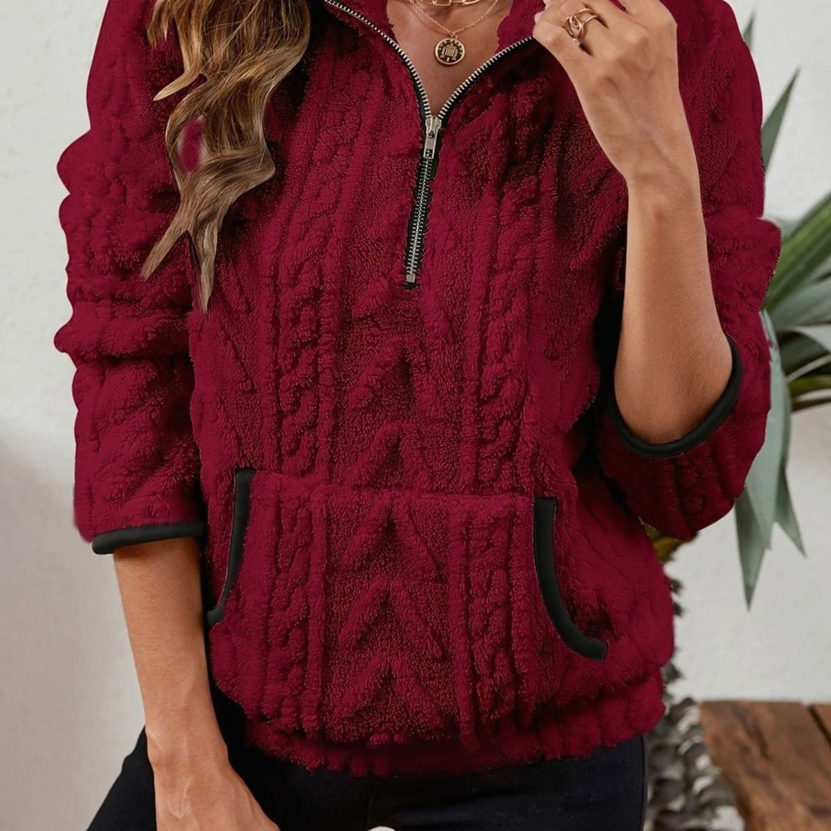 Quarter-Zip Knits with Plush Fleece Pullover and Kangaroo Pocket - Image 1