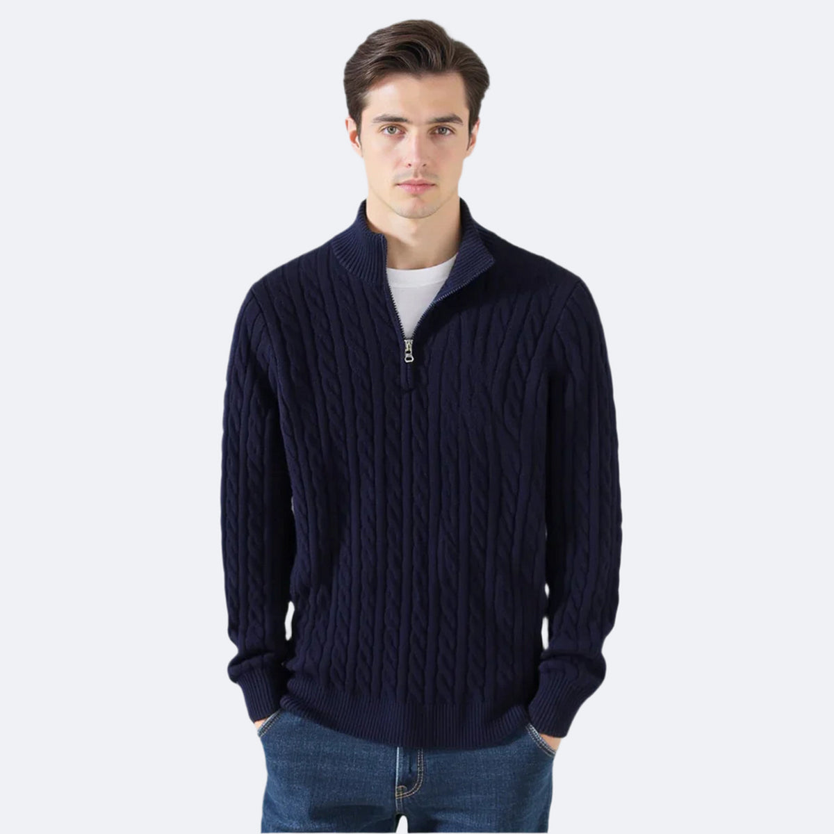 Quarter-Zip Knits with Relaxed Cable Sweater and Ribbed Cuffs - Image 1