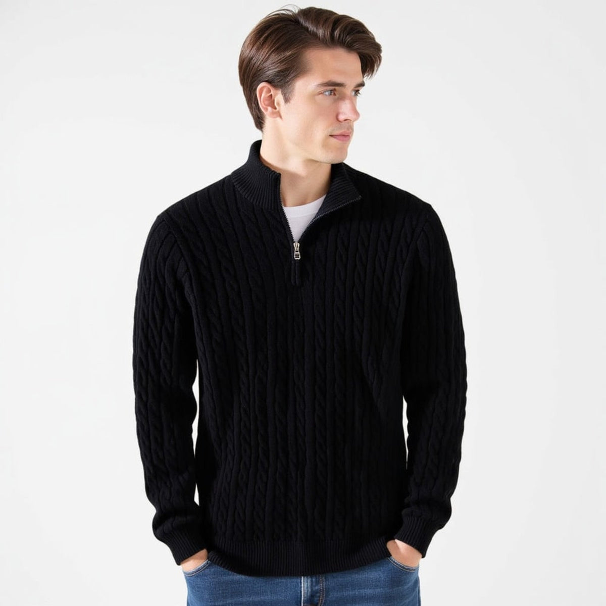 Quarter-Zip Knits with Relaxed Cable Sweater and Ribbed Cuffs - Image 2