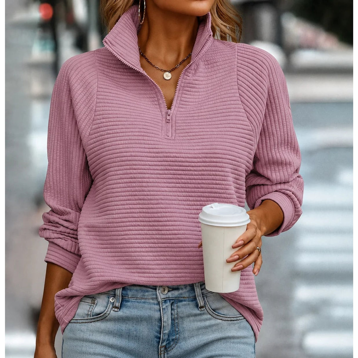 Quarter-Zip Knits with Relaxed Fit Sweater and Ribbed Texture - Image 1