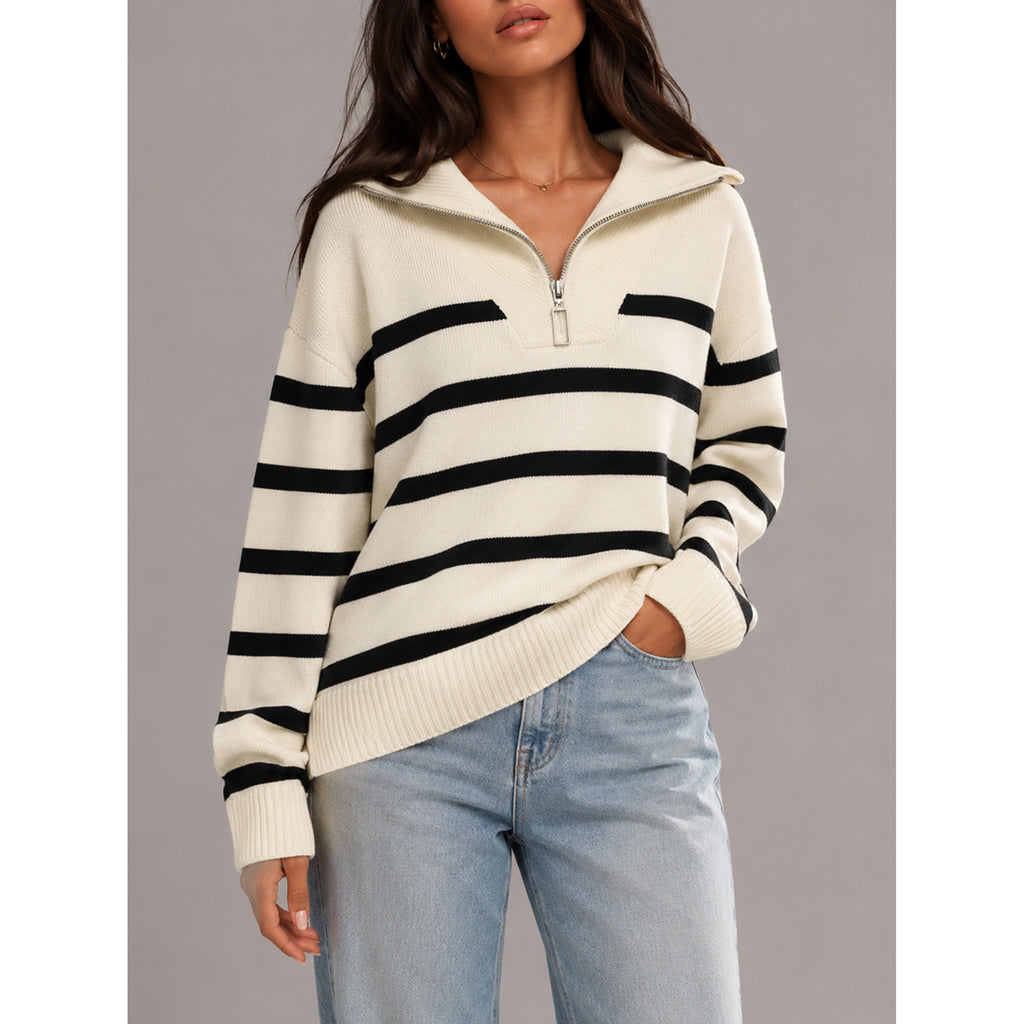 Quarter-Zip Knits with Relaxed Striped Sweater and Ribbed Cuffs - Image 1