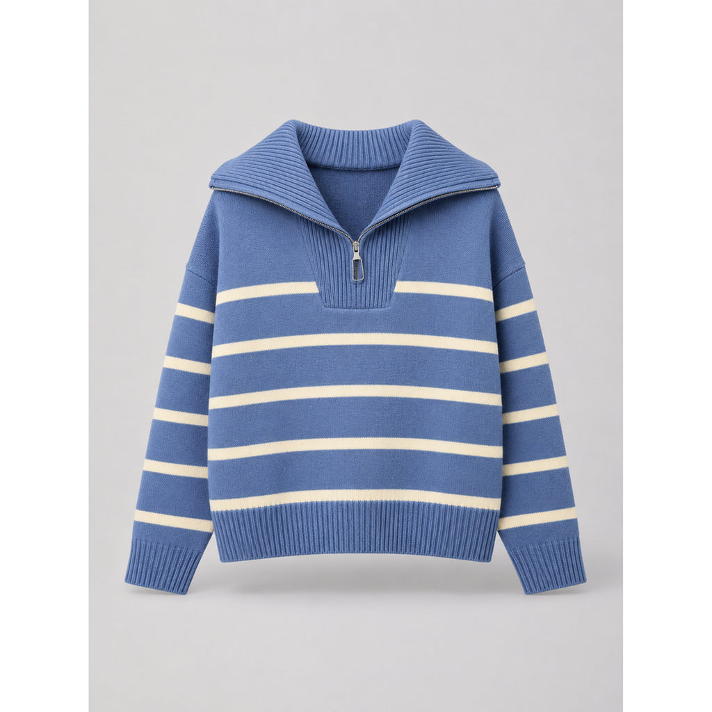 Quarter-Zip Knits with Relaxed Striped Sweater and Ribbed Cuffs - Image 6