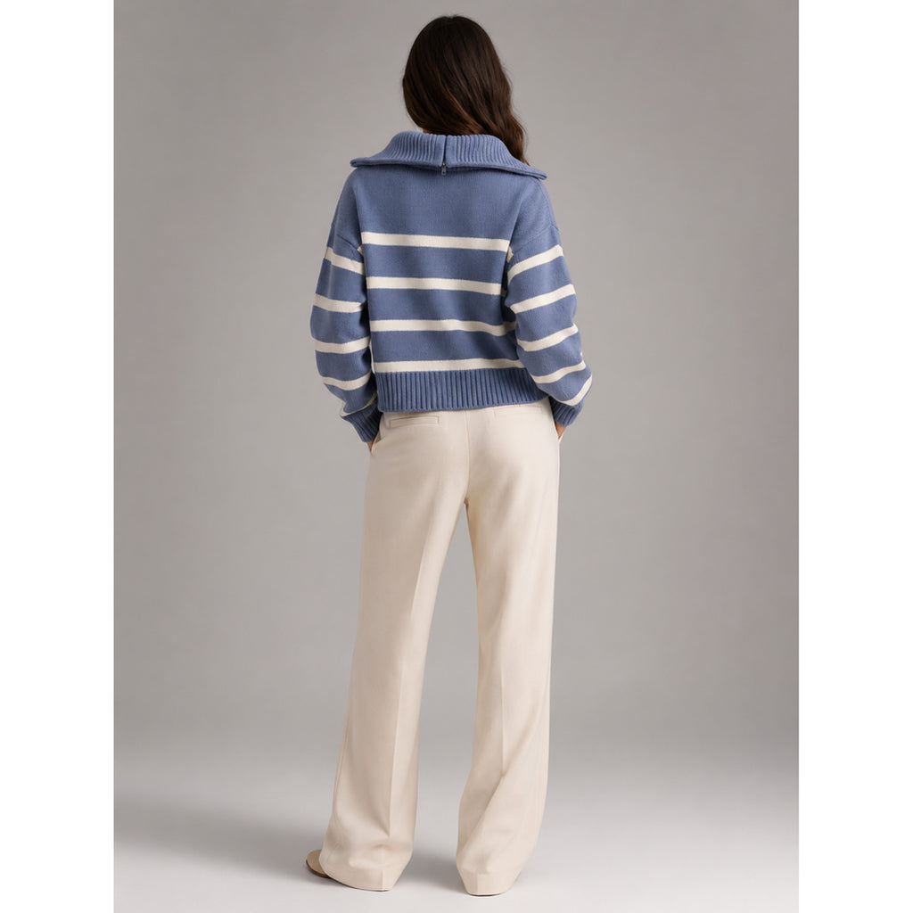 Quarter-Zip Knits with Relaxed Striped Sweater and Ribbed Cuffs - Image 8