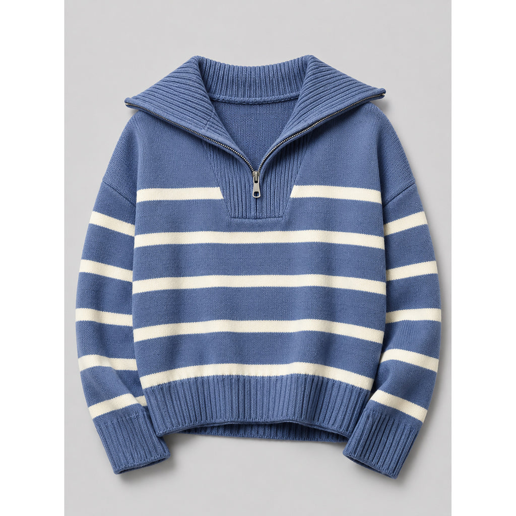 Quarter-Zip Knits with Relaxed Striped Sweater and Ribbed Cuffs - Image 7