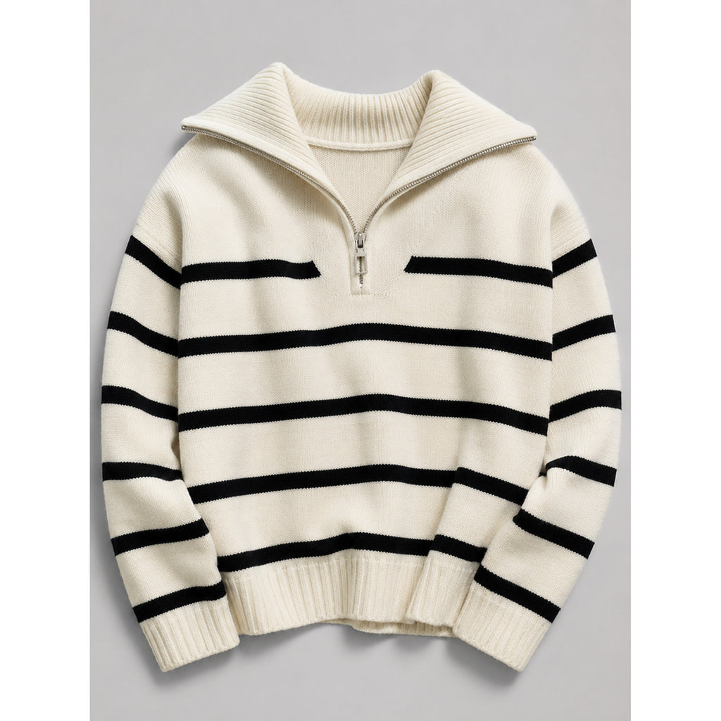 Quarter-Zip Knits with Relaxed Striped Sweater and Ribbed Cuffs - Image 3
