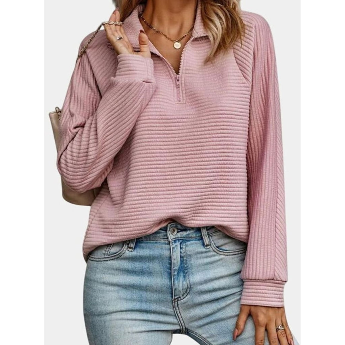 Quarter-Zip Knits with Ribbed Long-Sleeve Pullover and Horizontal Ribs - Image 2