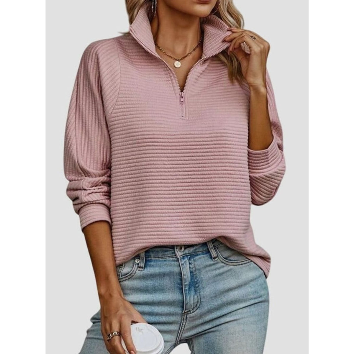 Quarter-Zip Knits with Ribbed Long-Sleeve Pullover and Horizontal Ribs - Image 3