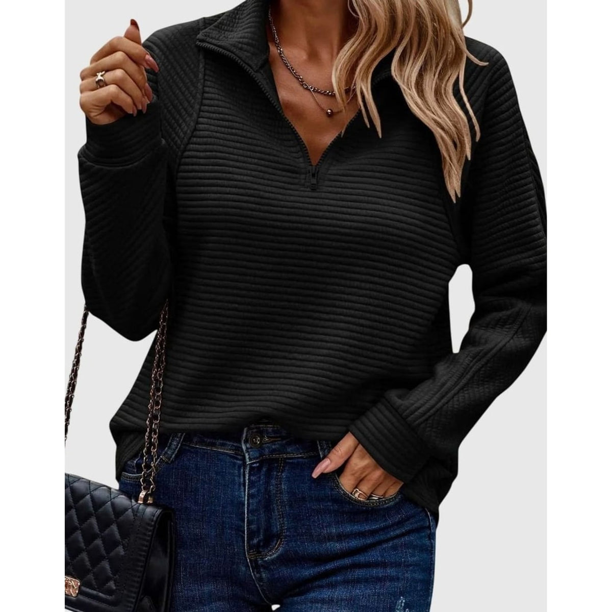Quarter-Zip Knits with Ribbed Long-Sleeve Pullover and Horizontal Ribs - Image 7