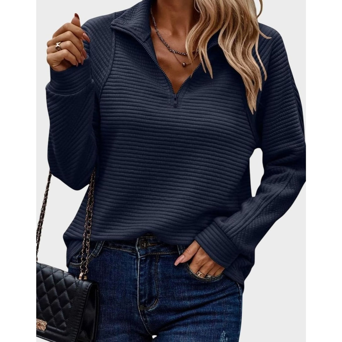 Quarter-Zip Knits with Ribbed Long-Sleeve Pullover and Horizontal Ribs - Image 6