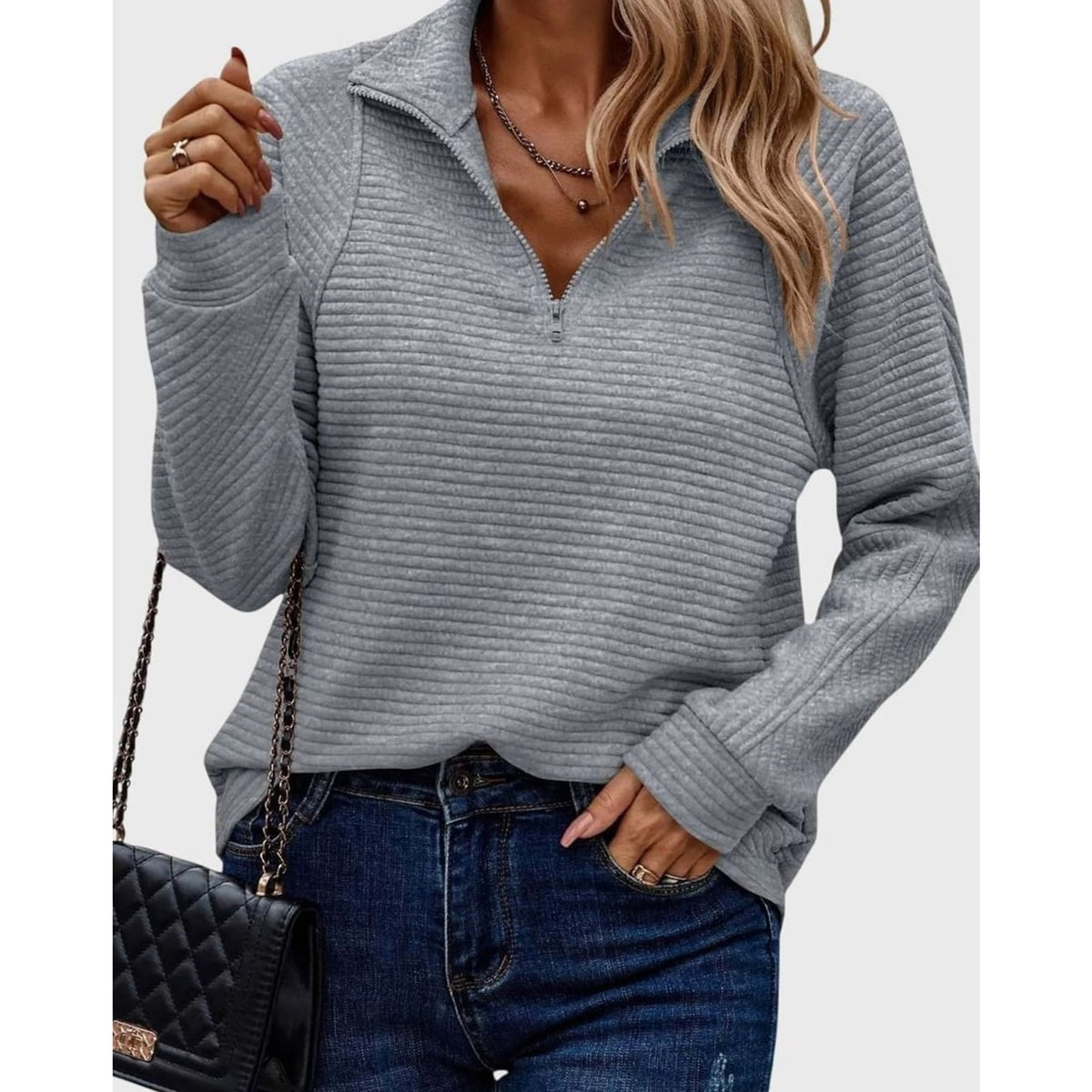 Quarter-Zip Knits with Ribbed Long-Sleeve Pullover and Horizontal Ribs - Image 8