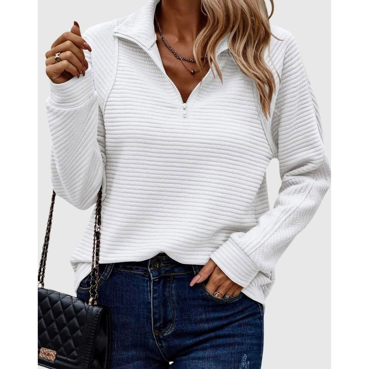 Quarter-Zip Knits with Ribbed Long-Sleeve Pullover and Horizontal Ribs - Image 9