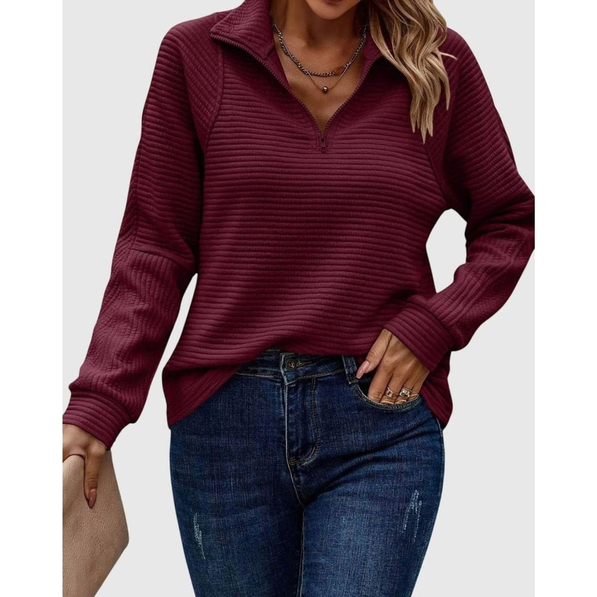 Quarter-Zip Knits with Ribbed Long-Sleeve Pullover and Horizontal Ribs - Image 5