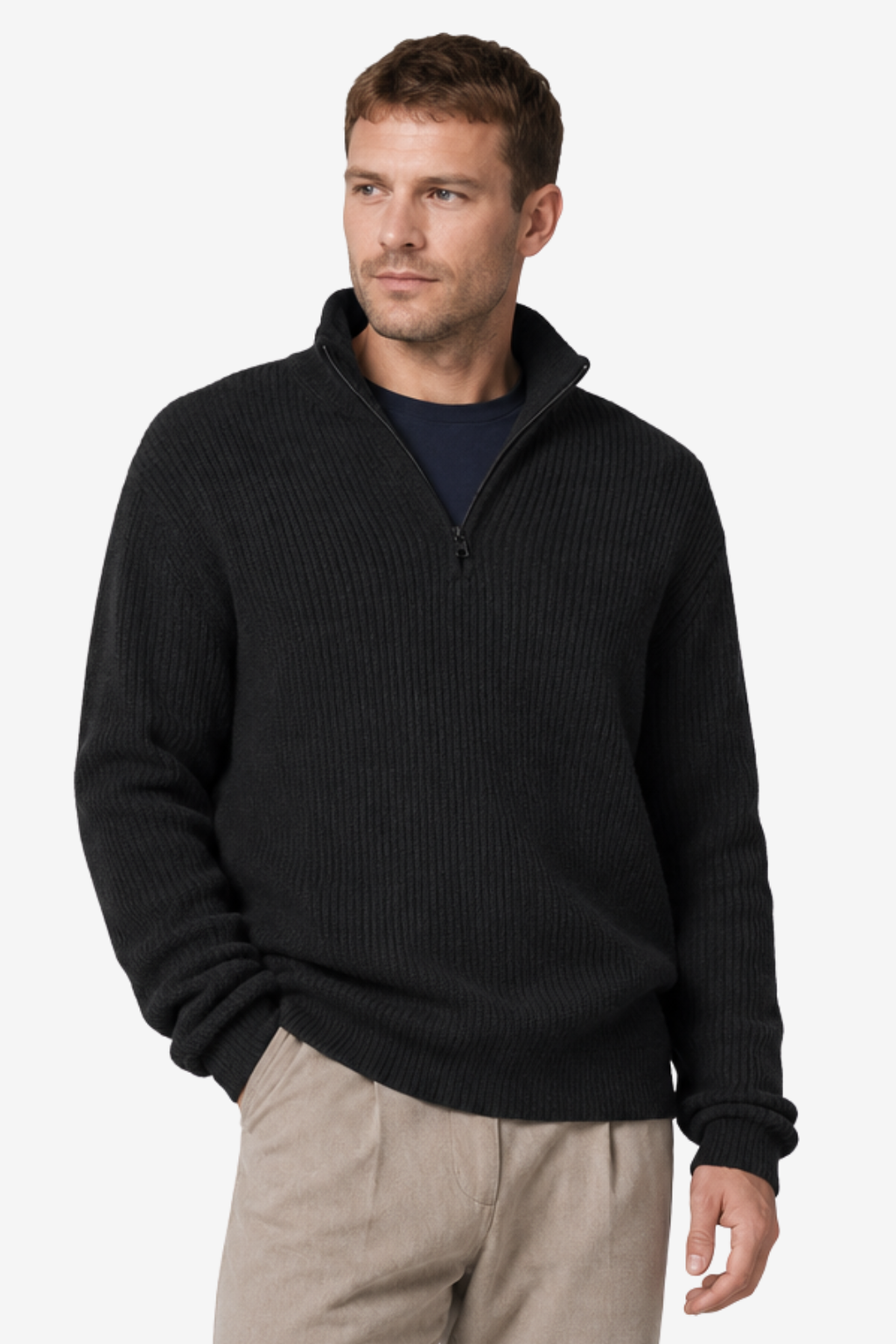 Quarter-Zip Knits with Ribbed Pullover and Vertical Collar - Image 1