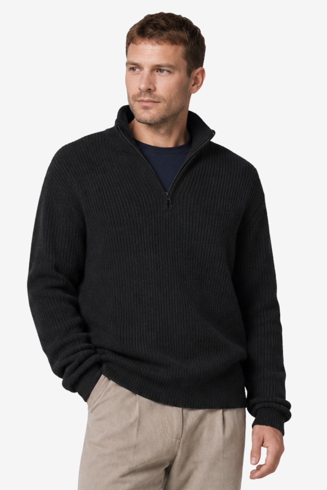 Quarter-Zip Knits with Ribbed Pullover and Vertical Collar - Image 1
