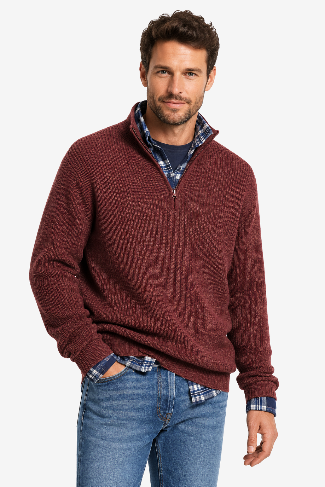 Quarter-Zip Knits with Ribbed Pullover and Vertical Collar - Image 10