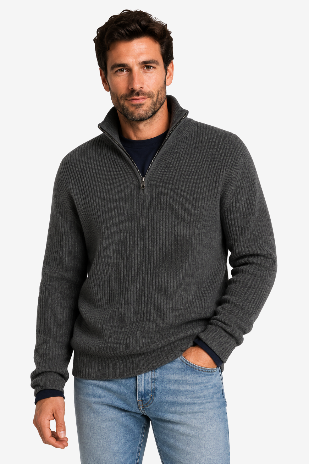 Quarter-Zip Knits with Ribbed Pullover and Vertical Collar - Image 7