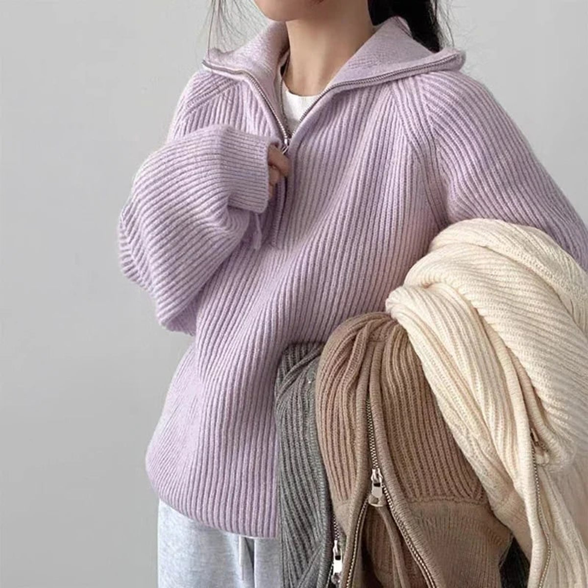 Quarter-Zip Knits with Ribbed Texture and Pullover - Image 2