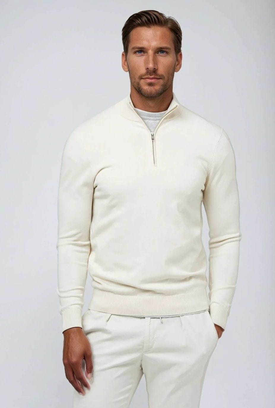 Quarter-Zip Knits with Smooth Pullover Style and Ribbed-Hem - Image 1