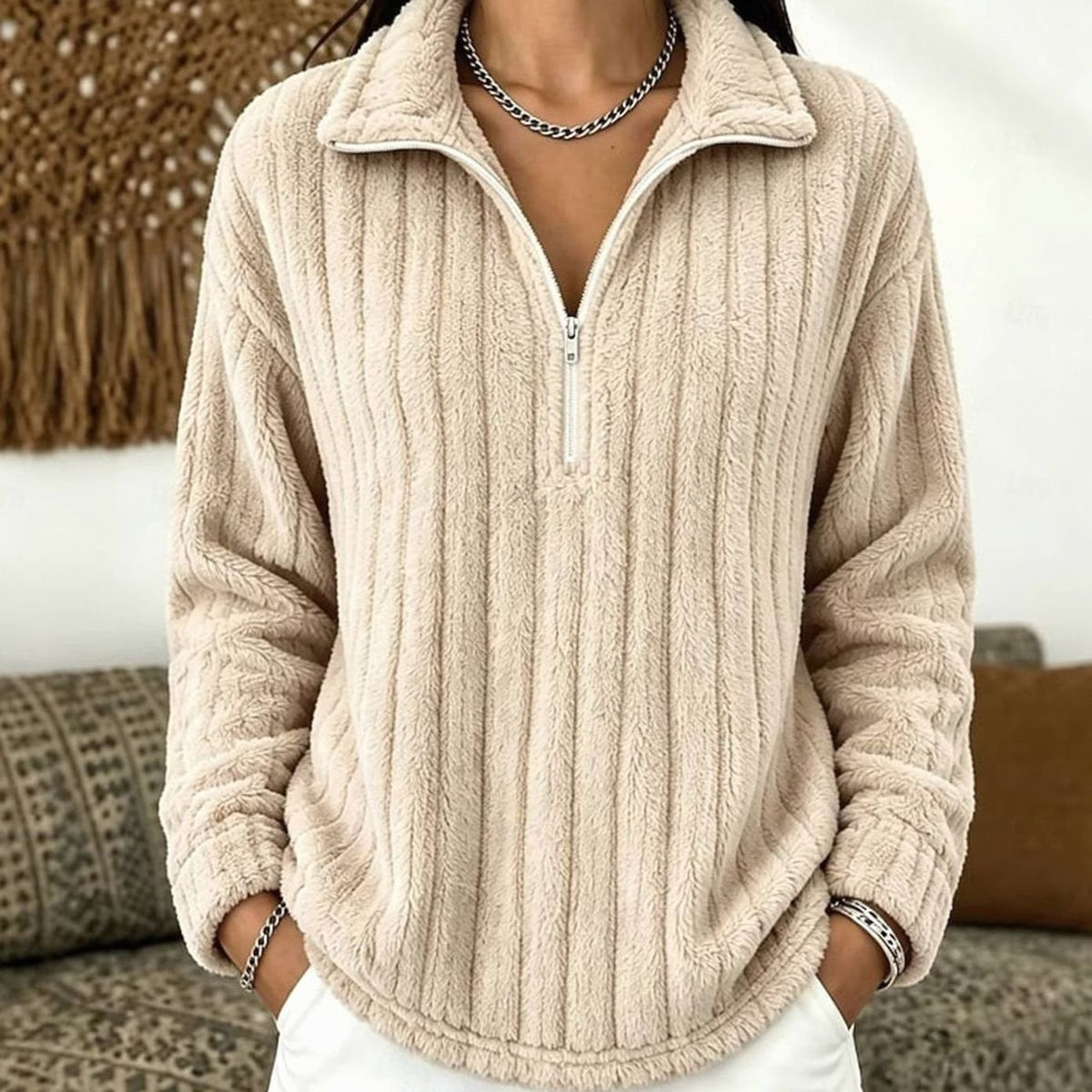 Quarter Zip Sweater with Relaxed Fit and Ribbed Texture - Image 1