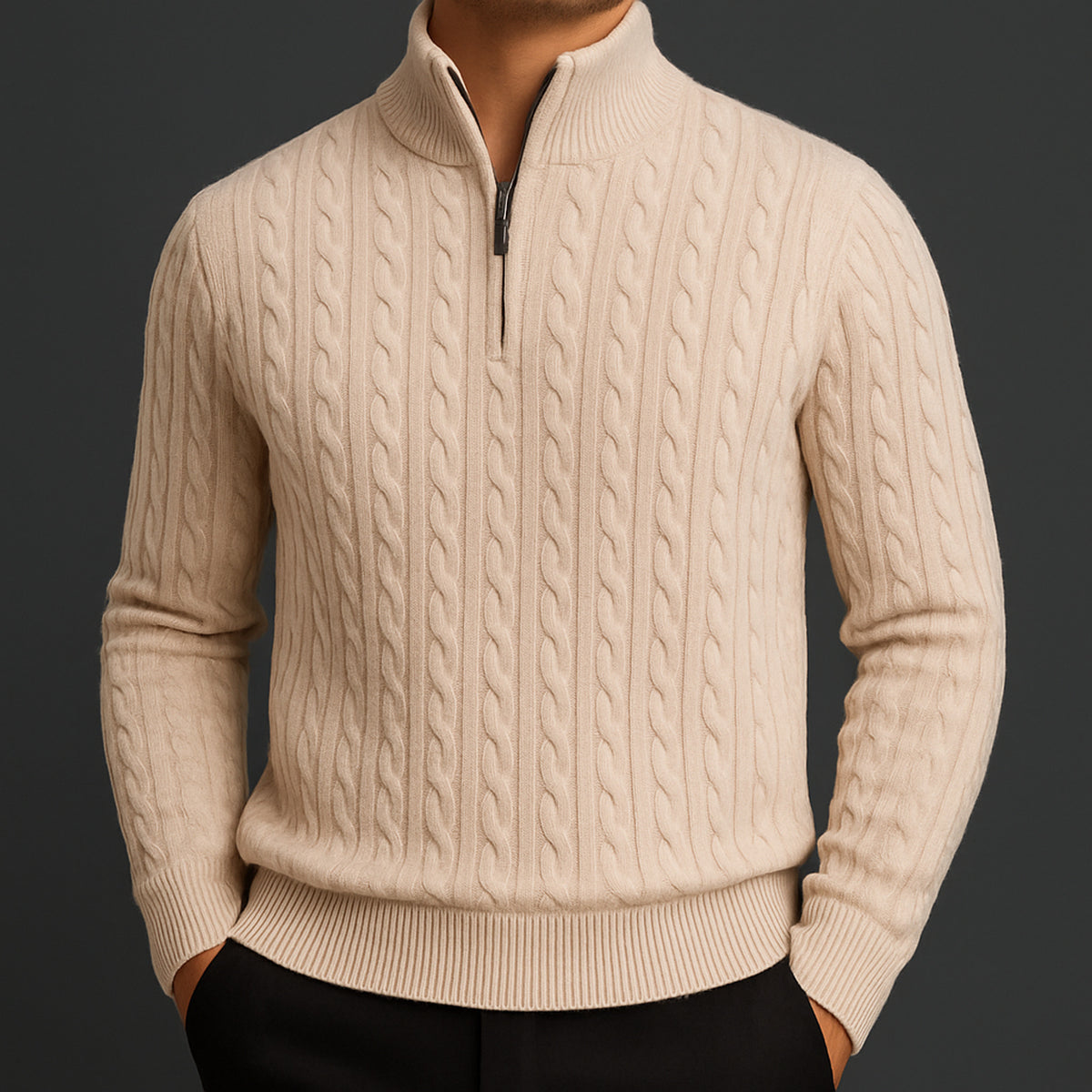 Quarter Zip Sweater with Relaxed Knit Fit and Cable Pattern - Image 1