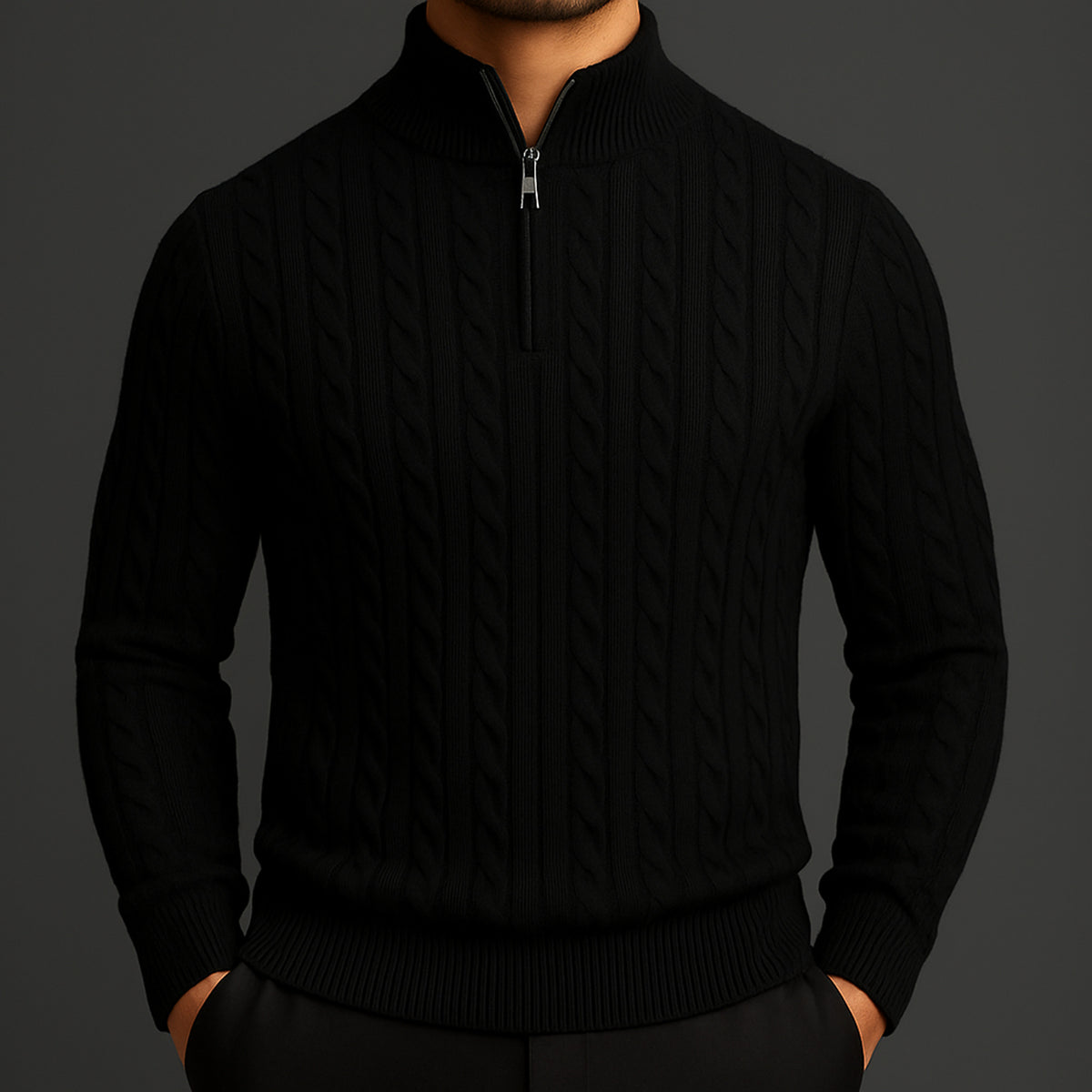 Quarter Zip Sweater with Relaxed Knit Fit and Cable Pattern - Image 3