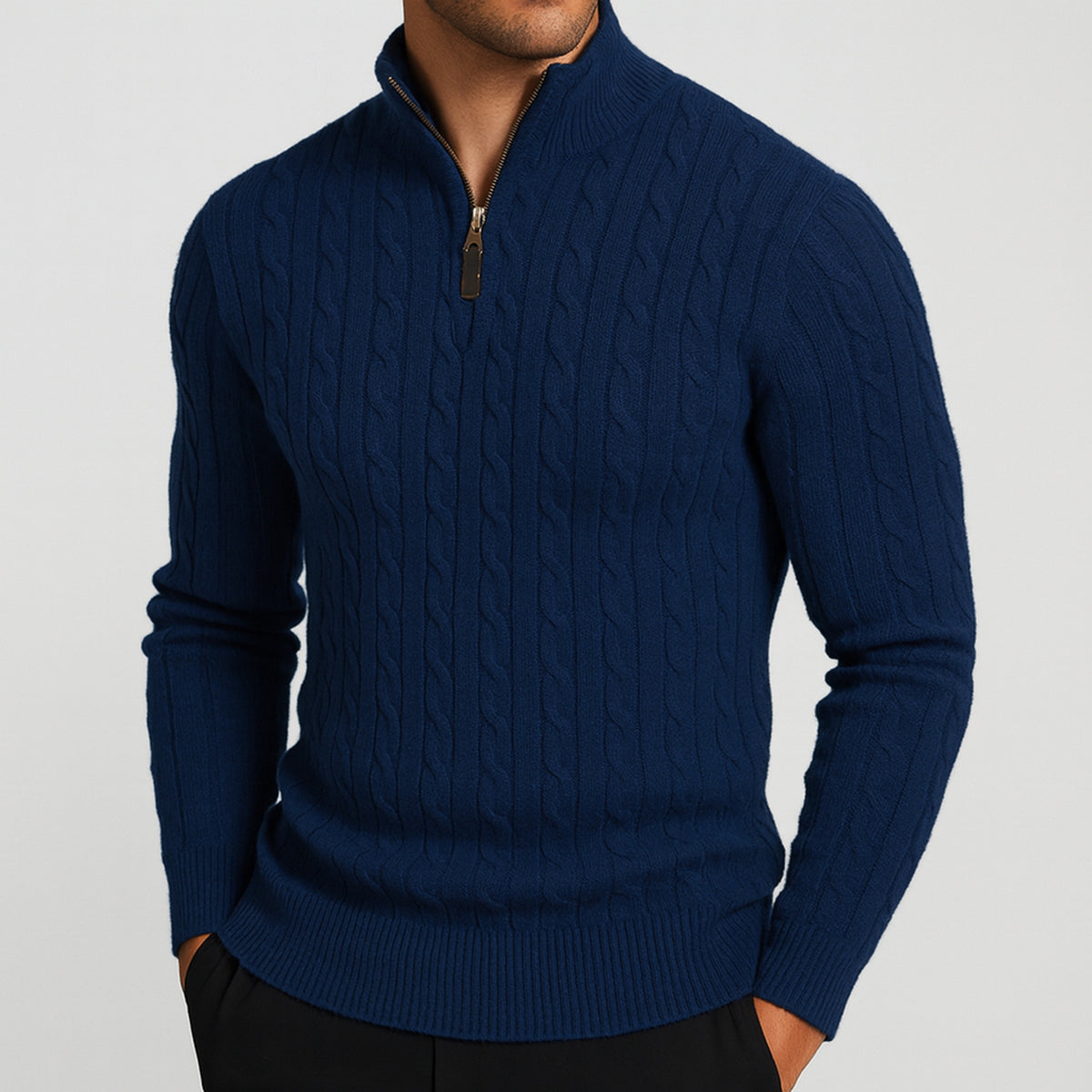 Quarter Zip Sweater with Relaxed Knit Fit and Cable Pattern - Image 6